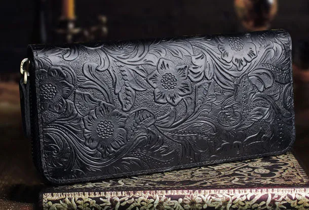 Handmade long leather wallets floral Zipper leather clutch wallet for women men
