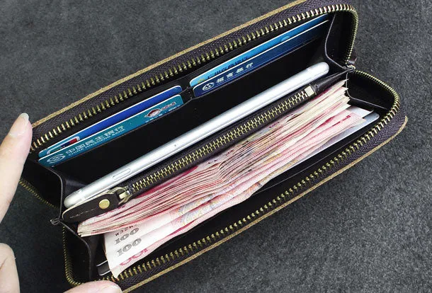 Handmade long leather wallets floral Zipper leather clutch wallet for women men