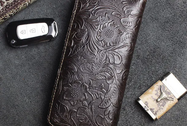 Handmade long leather wallets floral Zipper leather clutch wallet for women men