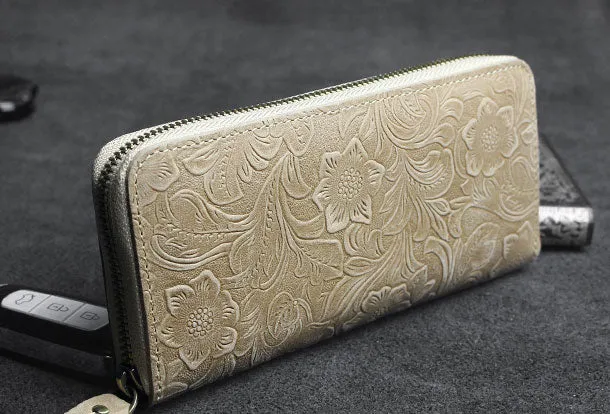 Handmade long leather wallets floral Zipper leather clutch wallet for women men
