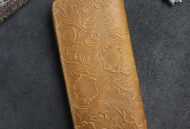 Handmade long leather wallets floral Zipper leather clutch wallet for women men