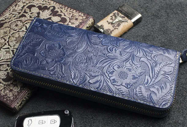 Handmade long leather wallets floral Zipper leather clutch wallet for women men