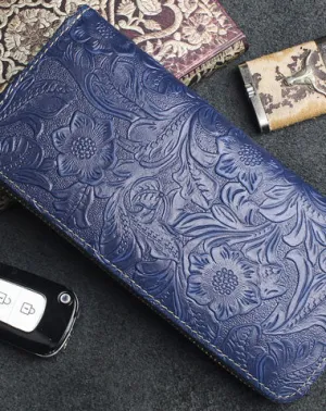 Handmade long leather wallets floral Zipper leather clutch wallet for women men