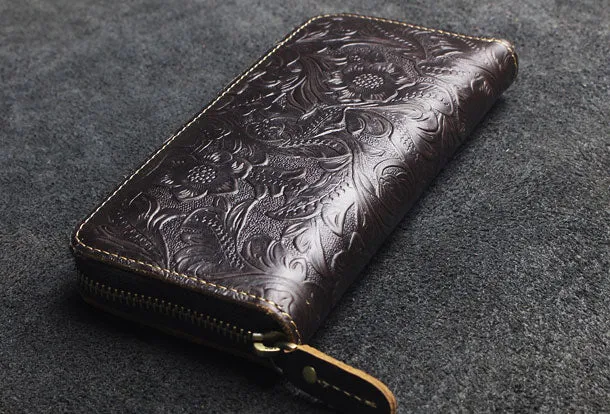 Handmade long leather wallets floral Zipper leather clutch wallet for women men