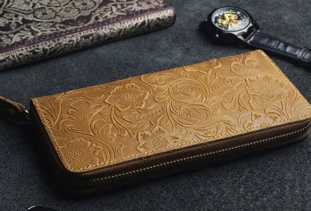 Handmade long leather wallets floral Zipper leather clutch wallet for women men