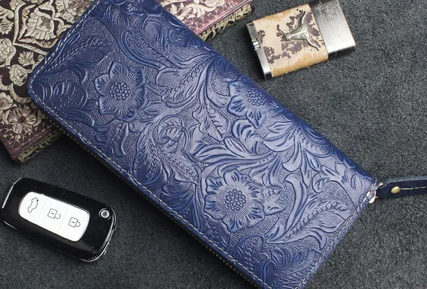 Handmade long leather wallets floral Zipper leather clutch wallet for women men