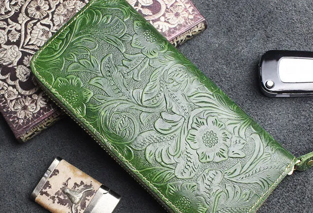 Handmade long leather wallets floral Zipper leather clutch wallet for women men