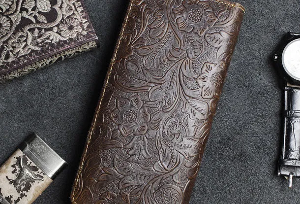 Handmade long leather wallets floral Zipper leather clutch wallet for women men