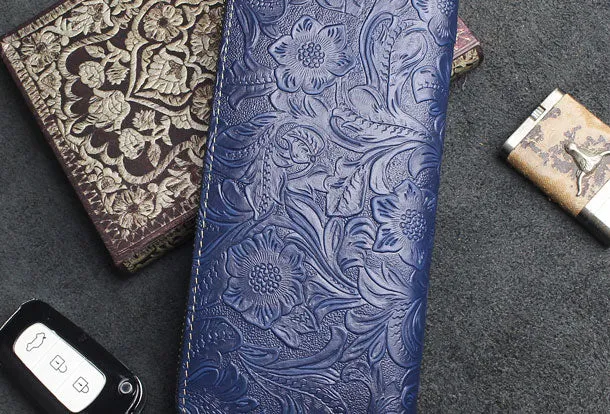 Handmade long leather wallets floral Zipper leather clutch wallet for women men