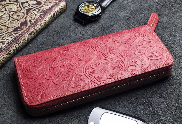 Handmade long leather wallets floral Zipper leather clutch wallet for women men