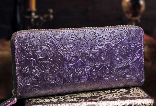 Handmade long leather wallets floral Zipper leather clutch wallet for women men