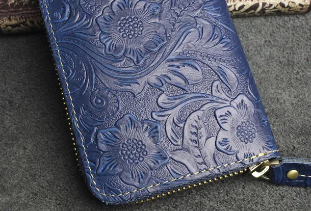 Handmade long leather wallets floral Zipper leather clutch wallet for women men
