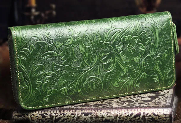 Handmade long leather wallets floral Zipper leather clutch wallet for women men