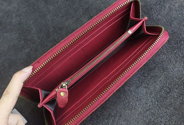 Handmade long leather wallets floral Zipper leather clutch wallet for women men