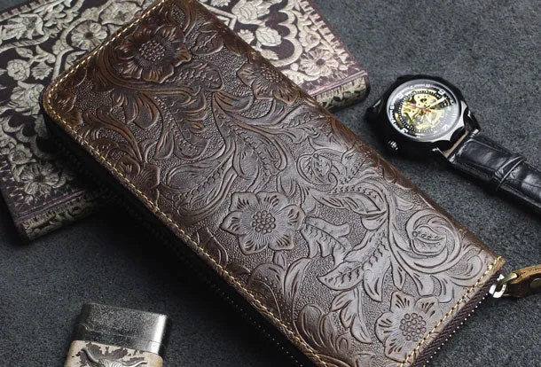 Handmade long leather wallets floral Zipper leather clutch wallet for women men