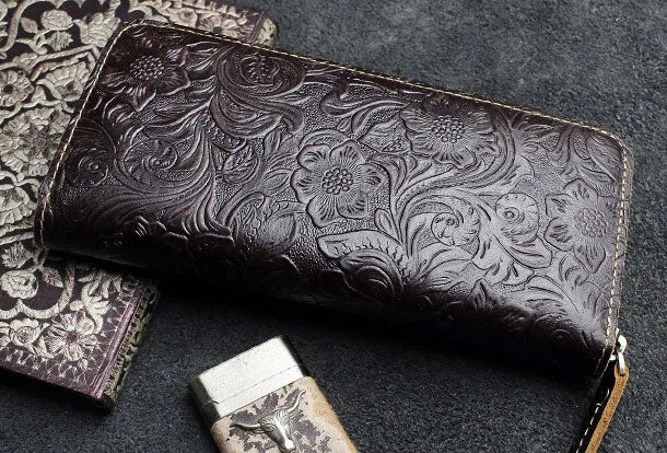 Handmade long leather wallets floral Zipper leather clutch wallet for women men