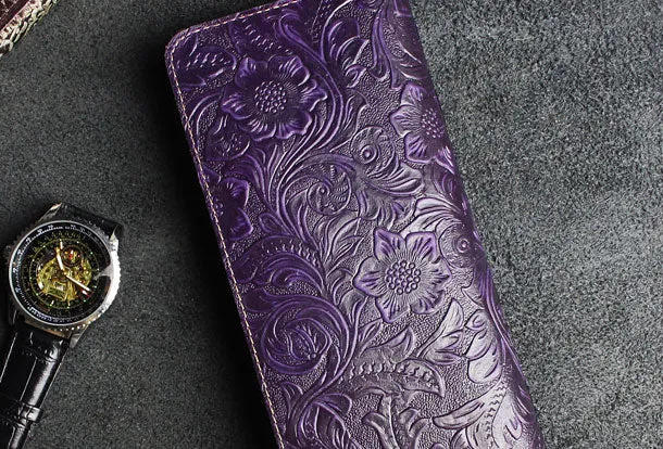 Handmade long leather wallets floral Zipper leather clutch wallet for women men