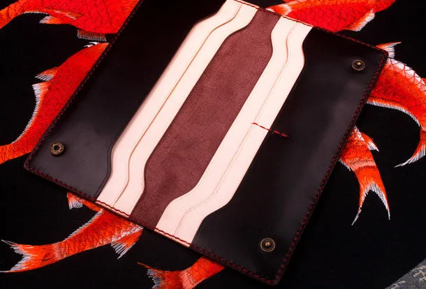 Handmade long wallet leather men red coffee wine vintage wallet for men
