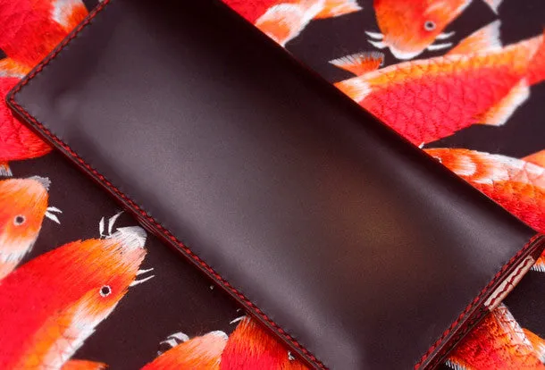 Handmade long wallet leather men red coffee wine vintage wallet for men