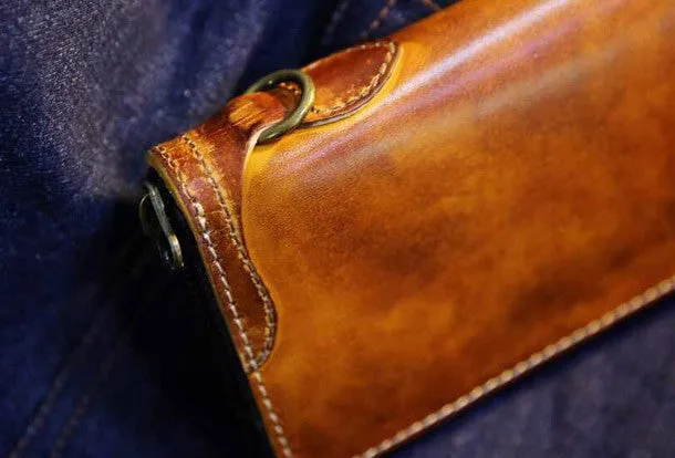 Handmade long wallet leather zip men brown vintage biker trucker wallet for men
