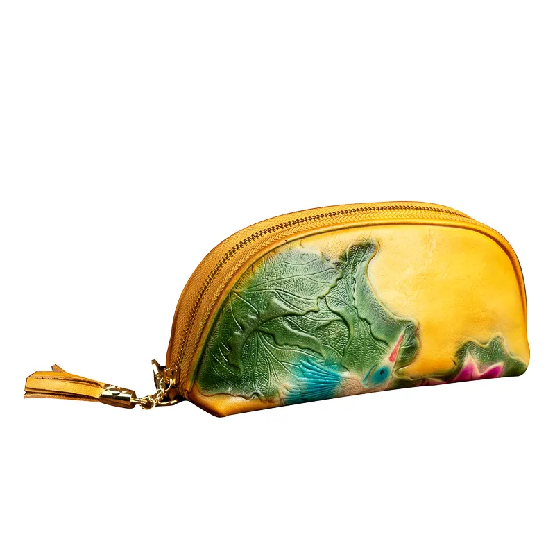 Handmade Lotus Flower Brown Leather Wristlet Wallet Womens Zip Around Wallets Flowers Ladies Zipper Clutch Wallet for Women