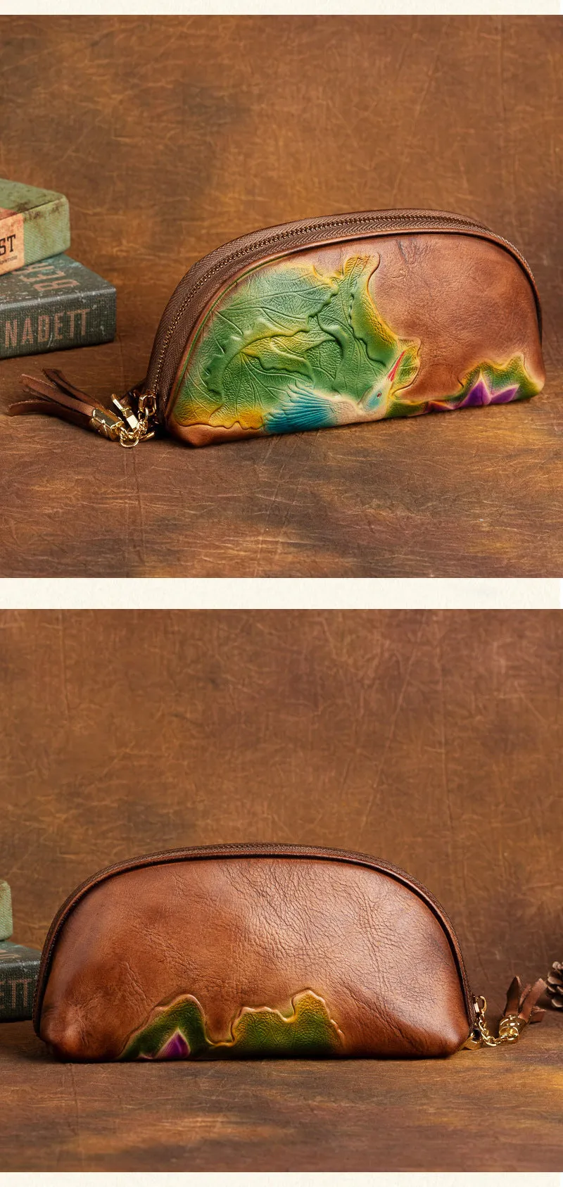 Handmade Lotus Flower Brown Leather Wristlet Wallet Womens Zip Around Wallets Flowers Ladies Zipper Clutch Wallet for Women