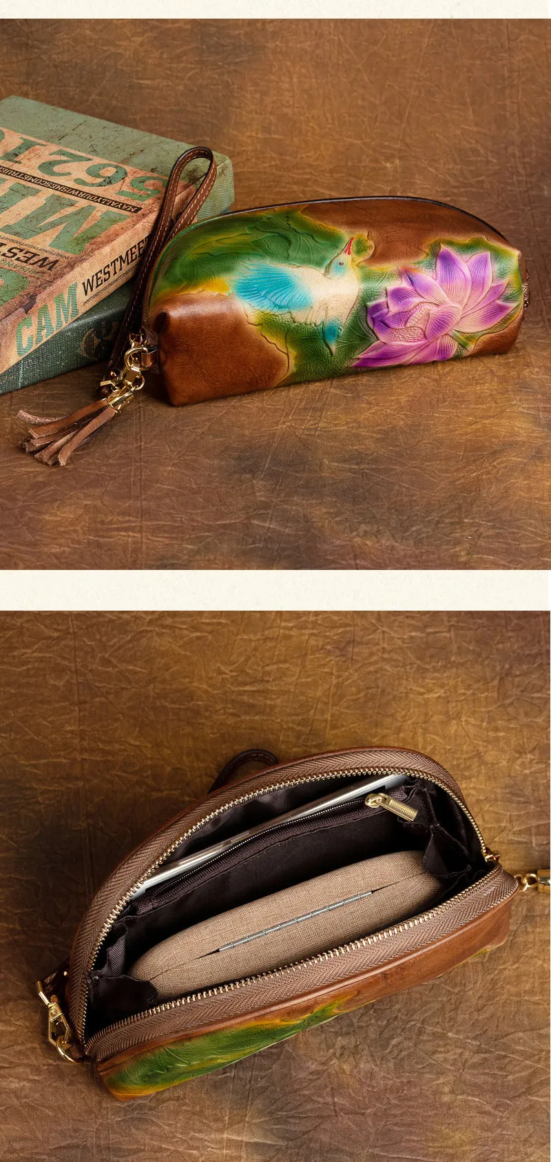 Handmade Lotus Flower Brown Leather Wristlet Wallet Womens Zip Around Wallets Flowers Ladies Zipper Clutch Wallet for Women