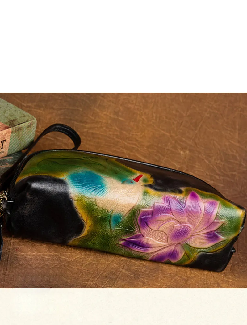 Handmade Lotus Flower Brown Leather Wristlet Wallet Womens Zip Around Wallets Flowers Ladies Zipper Clutch Wallet for Women