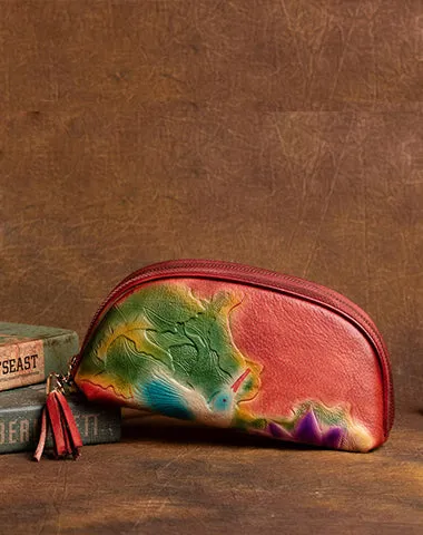Handmade Lotus Flower Brown Leather Wristlet Wallet Womens Zip Around Wallets Flowers Ladies Zipper Clutch Wallet for Women