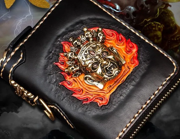 Handmade Mah???k???la Leather Brown Biker Wallet Mens Cool billfold Chain Wallet Trucker Wallet with Chain