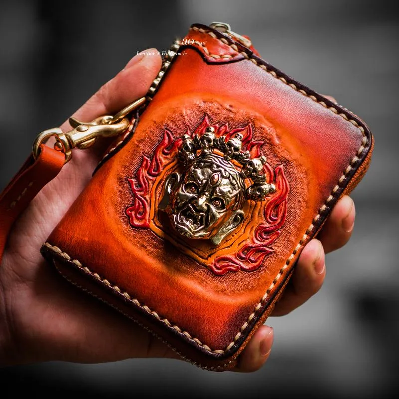 Handmade Mah???k???la Leather Brown Biker Wallet Mens Cool billfold Chain Wallet Trucker Wallet with Chain