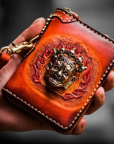 Handmade Mah???k???la Leather Brown Biker Wallet Mens Cool billfold Chain Wallet Trucker Wallet with Chain