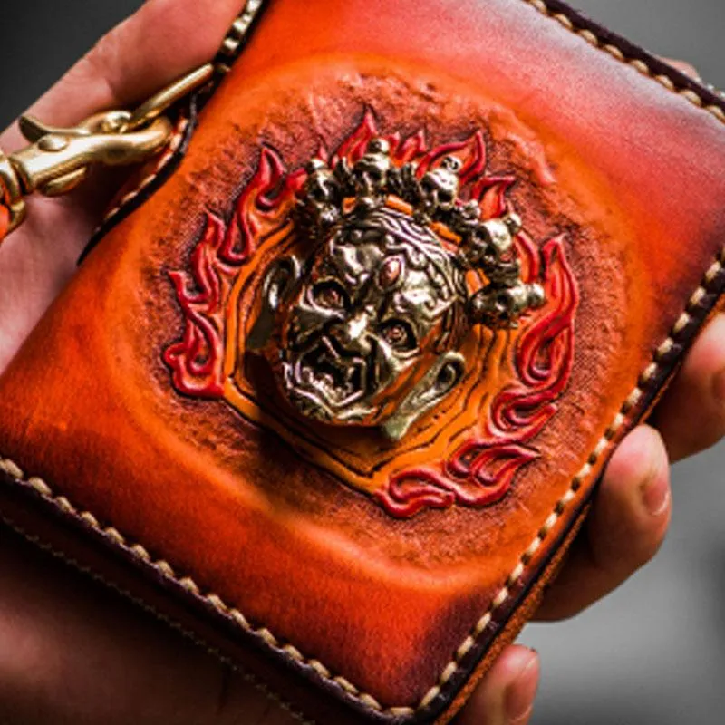 Handmade Mah???k???la Leather Brown Biker Wallet Mens Cool billfold Chain Wallet Trucker Wallet with Chain