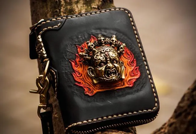 Handmade Mah???k???la Leather Brown Biker Wallet Mens Cool billfold Chain Wallet Trucker Wallet with Chain