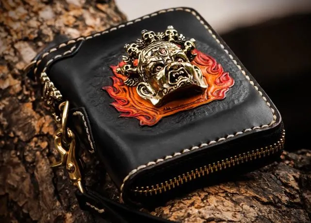 Handmade Mah???k???la Leather Brown Biker Wallet Mens Cool billfold Chain Wallet Trucker Wallet with Chain