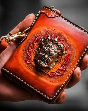 Handmade Mah???k???la Leather Brown Biker Wallet Mens Cool billfold Chain Wallet Trucker Wallet with Chain