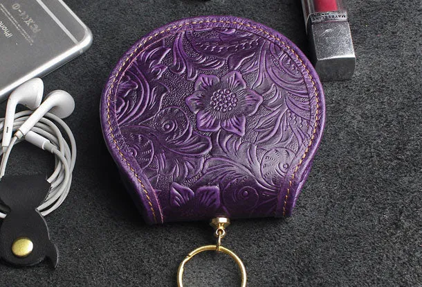 Handmade makeup leather round change coin wallet flowral leather billfold wallet for men women
