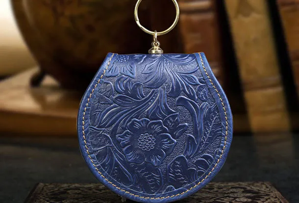 Handmade makeup leather round change coin wallet flowral leather billfold wallet for men women