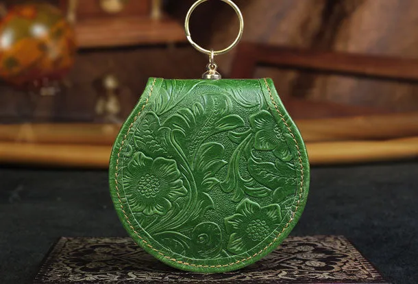 Handmade makeup leather round change coin wallet flowral leather billfold wallet for men women