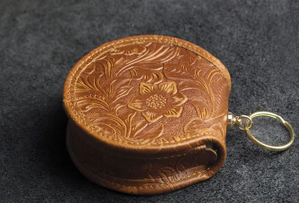 Handmade makeup leather round change coin wallet flowral leather billfold wallet for men women