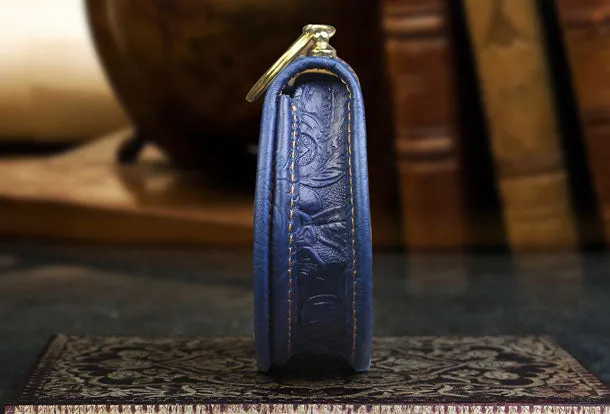 Handmade makeup leather round change coin wallet flowral leather billfold wallet for men women