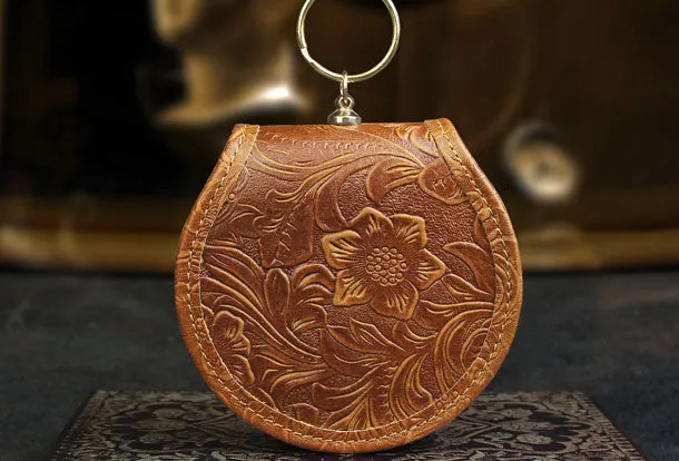 Handmade makeup leather round change coin wallet flowral leather billfold wallet for men women