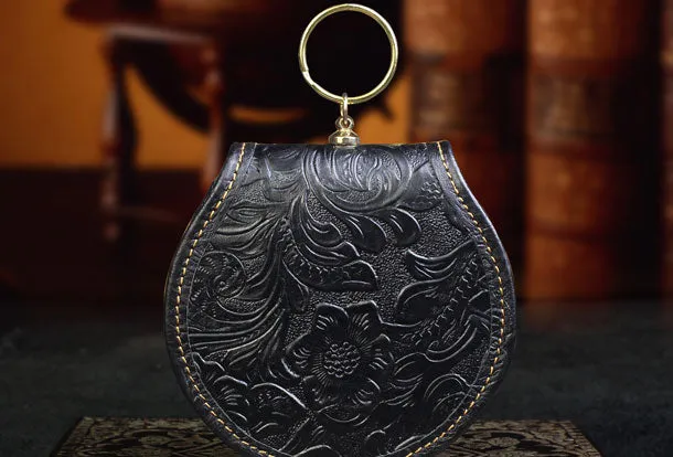 Handmade makeup leather round change coin wallet flowral leather billfold wallet for men women