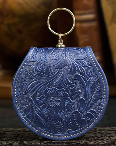 Handmade makeup leather round change coin wallet flowral leather billfold wallet for men women