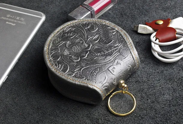 Handmade makeup leather round change coin wallet flowral leather billfold wallet for men women