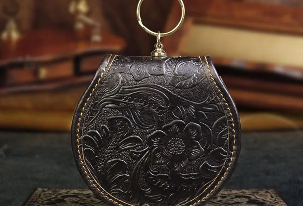 Handmade makeup leather round change coin wallet flowral leather billfold wallet for men women