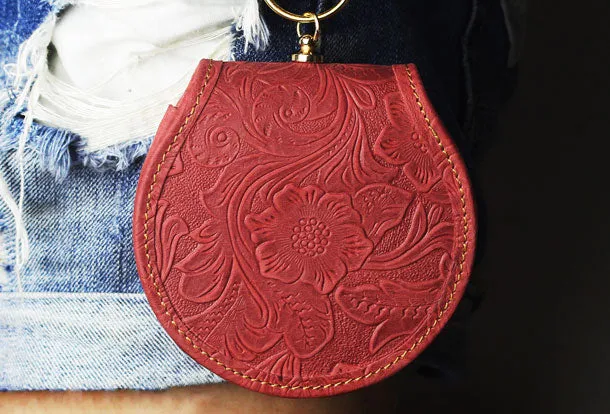 Handmade makeup leather round change coin wallet flowral leather billfold wallet for men women