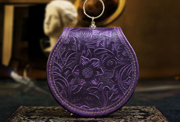 Handmade makeup leather round change coin wallet flowral leather billfold wallet for men women