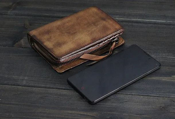 Handmade Men billfold leather wallet men vintage brown gray wallet for him