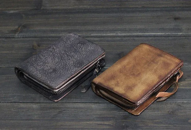 Handmade Men billfold leather wallet men vintage brown gray wallet for him